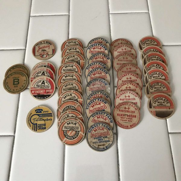 Vintage Lot of 42 Milk Bottle Caps tops lids cardboard advertising 8 different dairy farms chocolate Jersey farmhouse collectible display