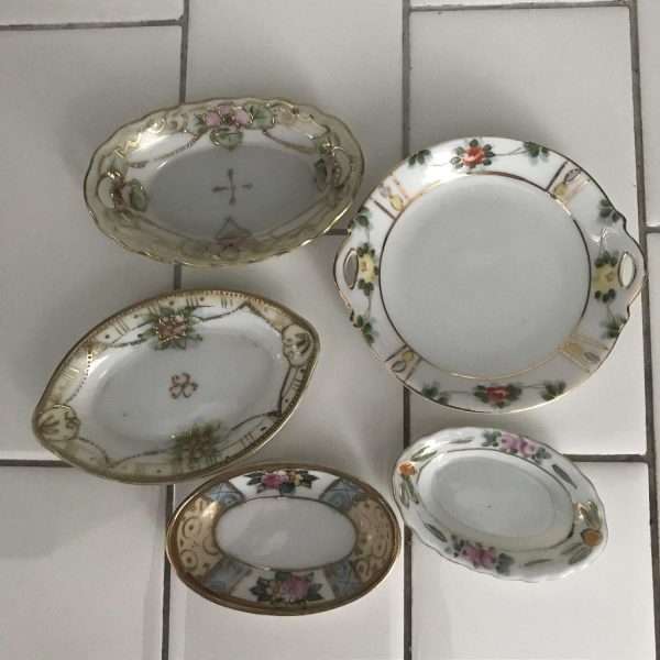 Vintage lot of 5 Nippon & Noritake open salts or salt cellars hand painted farmhouse collectible bridal shower dining table