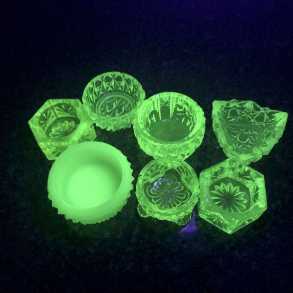 Vintage lot of 7 open salt cellars Uranium Glass various styles farmhouse collectible glowing glass display depression