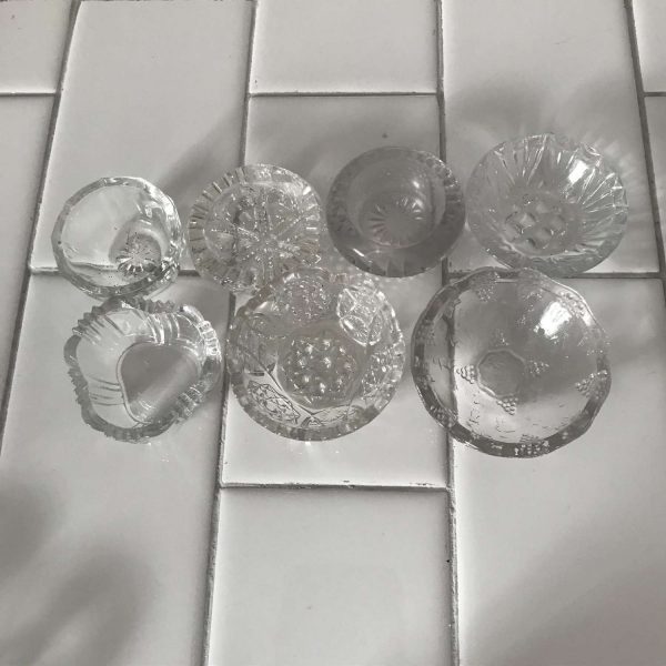 Vintage lot of 7 open salt cellars various sizes and shapes glass and cut glass farmhouse collectible display depression wedding