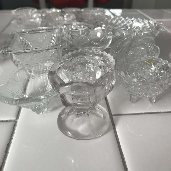 Vintage lot of 8 pedestal footed open salt cellars various sizes and shapes all cut glass farmhouse collectible display depression wedding