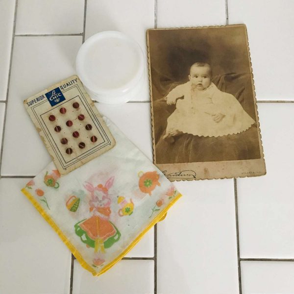 Vintage lot of baby display items tiny buttons hanky milk glass container & photo farmhouse nursery display collectible collage