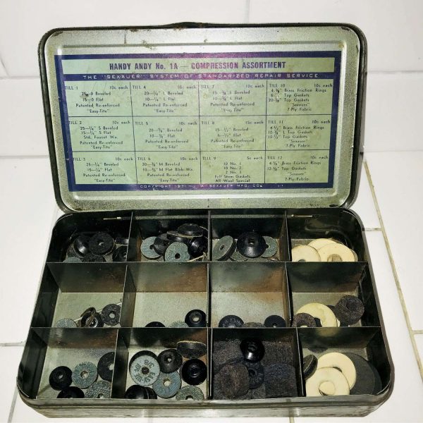 Vintage lot of O rings in metal divided box Handy Andy No. 1A Compression assortment collectible display garage mechanic shed accessories