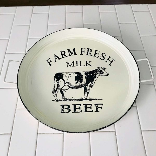 Vintage metal Farm Fresh Cow pan double handle black on ivory enameled farmhouse barn collectible display rustic country ranch
