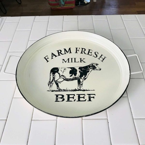 Vintage metal Farm Fresh Cow pan double handle black on ivory enameled farmhouse barn collectible display rustic country ranch