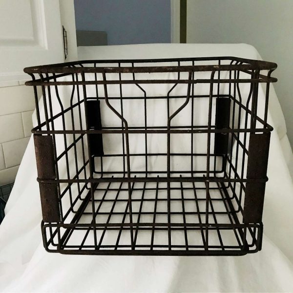 Vintage Metal Milk Crate Delivery crate Flavor Rich Farmhouse collectible display rustic storage square with 4 handle garage shed barns