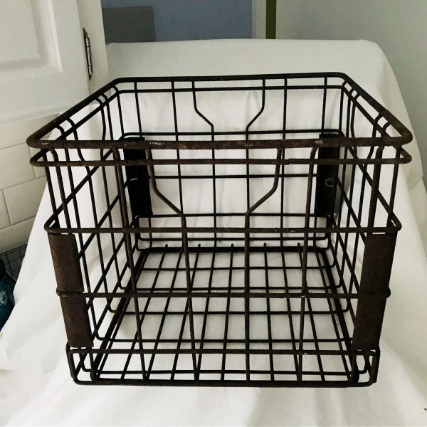 Vintage Metal Milk Crate Delivery crate Flavor Rich Farmhouse collectible display rustic storage square with 4 handle garage shed barns