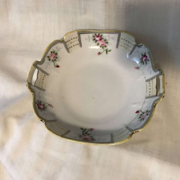 Vintage Mid Century Hand Painted Nippon Fine china Bowl with handles Roses and gold raised dots yellow & gray trim Soap dish pin trinket