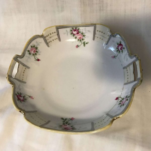 Vintage Mid Century Hand Painted Nippon Fine china Bowl with handles Roses and gold raised dots yellow & gray trim Soap dish pin trinket