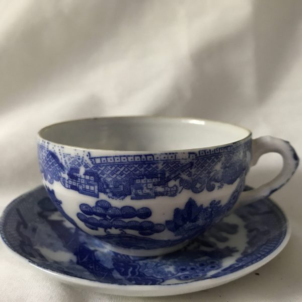 Vintage Mid Century Japan Cobalt and white blue willow demitasse tea cup and saucer