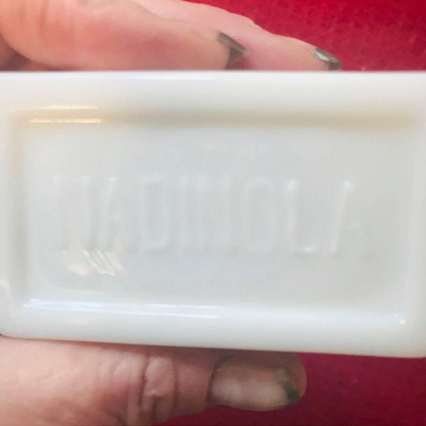Vintage milk glass lidded Nadinola Cream jar Paris Tenn. National Toilet Company Printed bottom collectible farmhouse trinkets