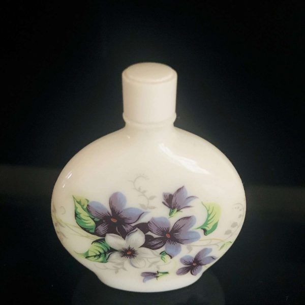 Vintage milk glass lidded Perfume bottle hand painted violets collectible farmhouse trinkets 2 1/2" across 3/4" wide vanity display