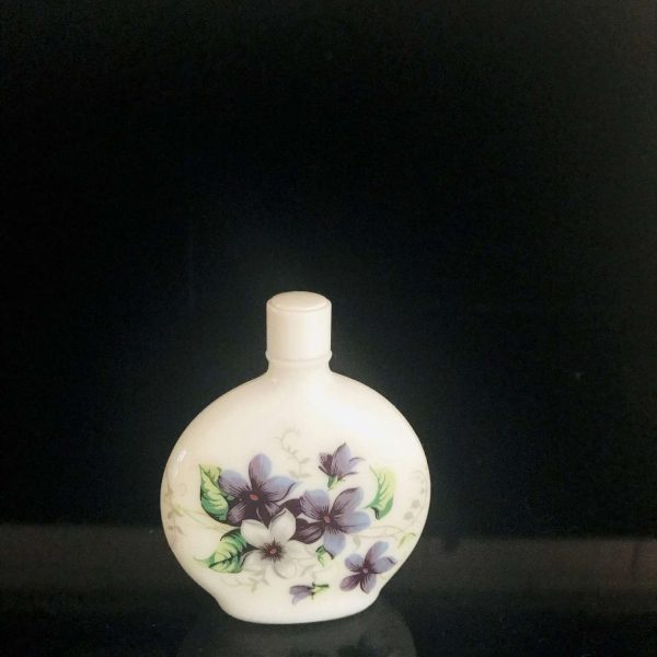Vintage milk glass lidded Perfume bottle hand painted violets collectible farmhouse trinkets 2 1/2" across 3/4" wide vanity display