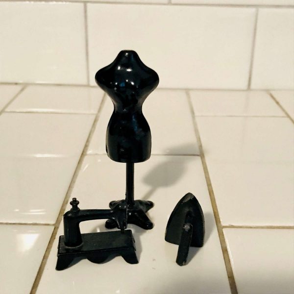 Vintage Miniature Sewing Notions Cast Iron Accents Display dress form Sewing Machine Clothing Iron Black Farmhouse Collectible