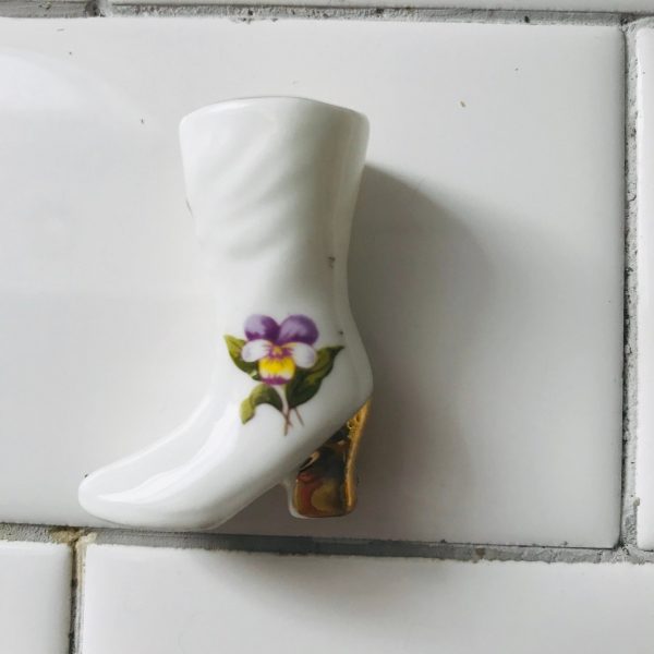 Vintage Miniature Shoe Boot Figurine white purple viola gold trimmed fine bone china collectible display high heel boot