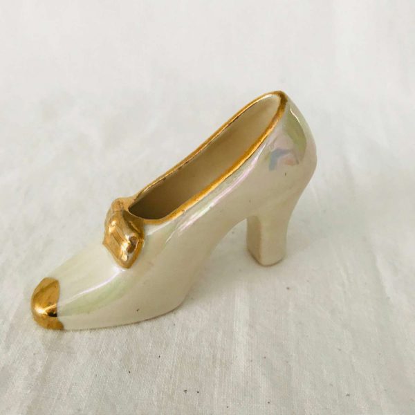 Vintage Miniature Shoe Figurine Iridescent ivory with gold trimmed toe and bow collectible display high heel fine china