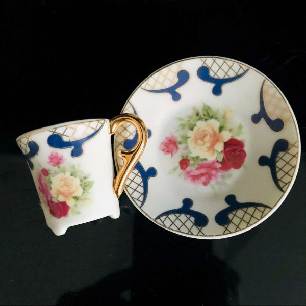 Vintage Miniature Tea Set Imperial China blue gold trim with yellow pink dark pink roses heavy gold collectible display farmhouse cottage