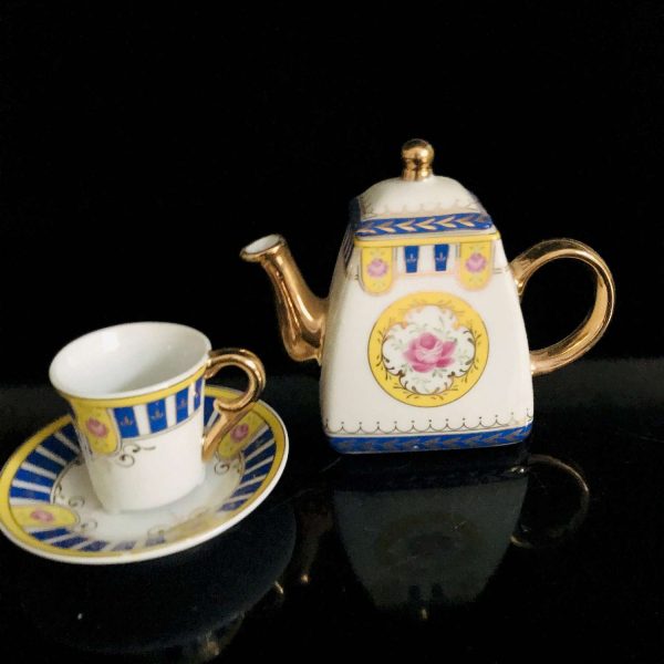 Vintage Miniature Tea Set Imperial China Royal blue with pink roses heavy gold collectible display farmhouse cottage dainty bed & breakfast