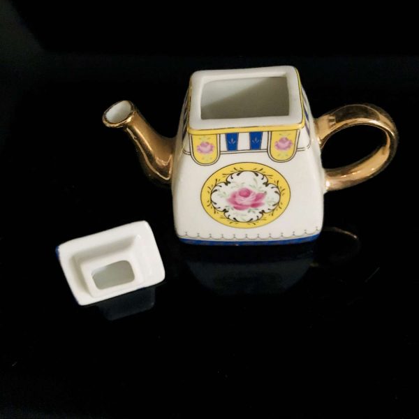 Vintage Miniature Tea Set Imperial China Royal blue with pink roses heavy gold collectible display farmhouse cottage dainty bed & breakfast