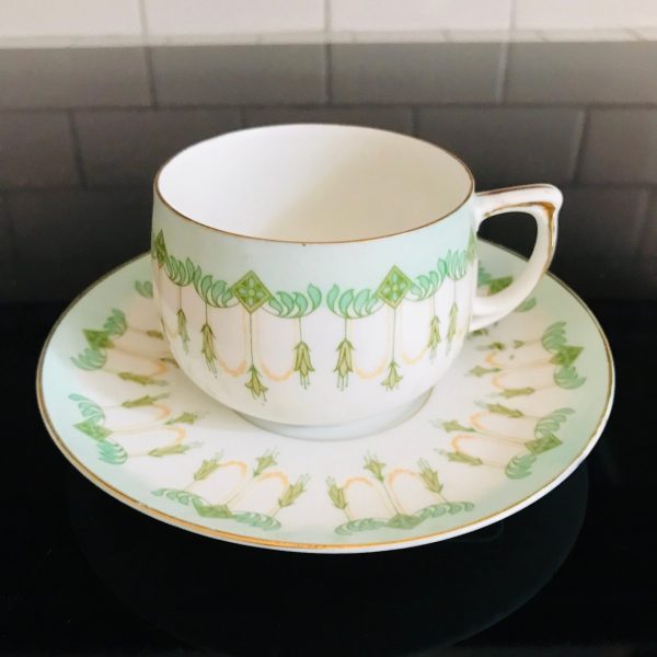 Vintage MZ Austria Tea cup and saucer Dainty green tassel pattern Fine bone china gold trim farmhouse collectible display dining serving
