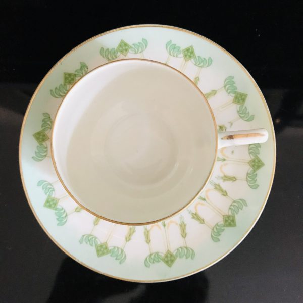 Vintage MZ Austria Tea cup and saucer Dainty green tassel pattern Fine bone china gold trim farmhouse collectible display dining serving