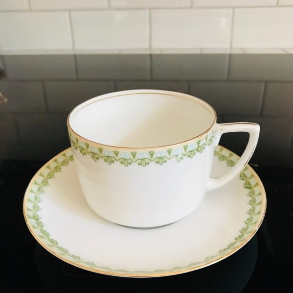 Vintage MZ Austria Tea cup and saucer Signed Numbered Dainty green tassel pattern Fine bone china gold trim farmhouse collectible display