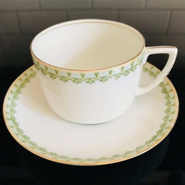 Vintage MZ Austria Tea cup and saucer Signed Numbered Dainty green tassel pattern Fine bone china gold trim farmhouse collectible display