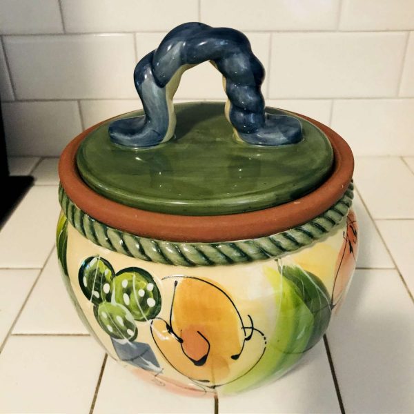 Vintage Nanette Vacher Cookie jar hand painted Stunning vibrant colors orange green lime green fruit storage Ambiance collection Kitchen