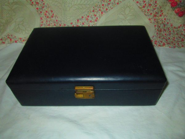 Vintage Navy Blue Leatherette Lined Jewelry Box Mid-Century