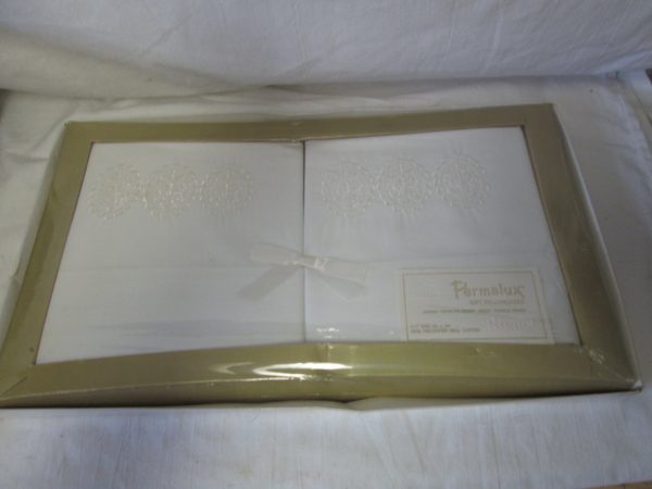 Vintage New Old Stock Pair of Unused Pillowcases new in the orginal packaging Permalux Pillowcase pair with lace trim White on White