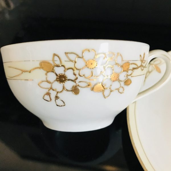 Vintage Nippon tea cup and saucer Japan Fine bone china hand painted raised gold trim Lotus flower farmhouse collectible display cottage