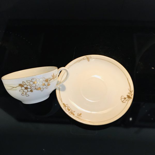 Vintage Nippon tea cup and saucer Japan Fine bone china hand painted raised gold trim Lotus flower farmhouse collectible display cottage