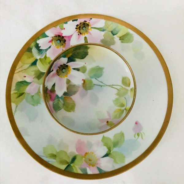 Vintage Nippon Two Tier Serving tray Plate Hand painted Floral Dogwood Pink Green Serving Dining Torts Candies collectible display