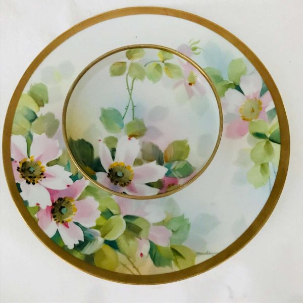 Vintage Nippon Two Tier Serving tray Plate Hand painted Floral Dogwood Pink Green Serving Dining Torts Candies collectible display