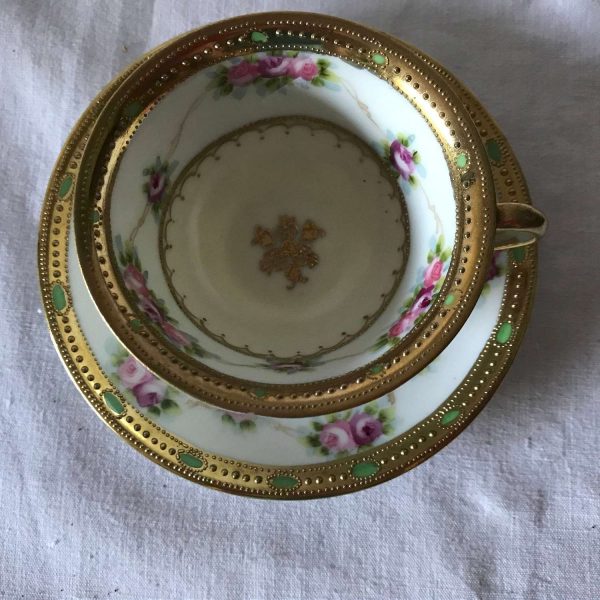 Vintage Noritake hand decorated heavy gold trim tea cup and saucer 1940's collectible display cottage shabby chic dining serving elegant