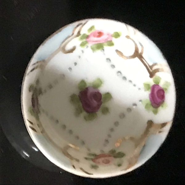 Vintage  open salt bowl shape tiny pink & purple roses farmhouse collectible bridal shower dining table