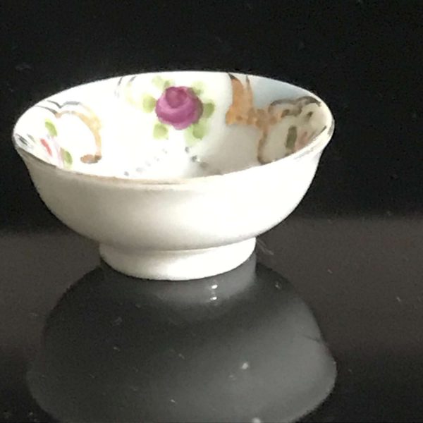 Vintage  open salt bowl shape tiny pink & purple roses farmhouse collectible bridal shower dining table