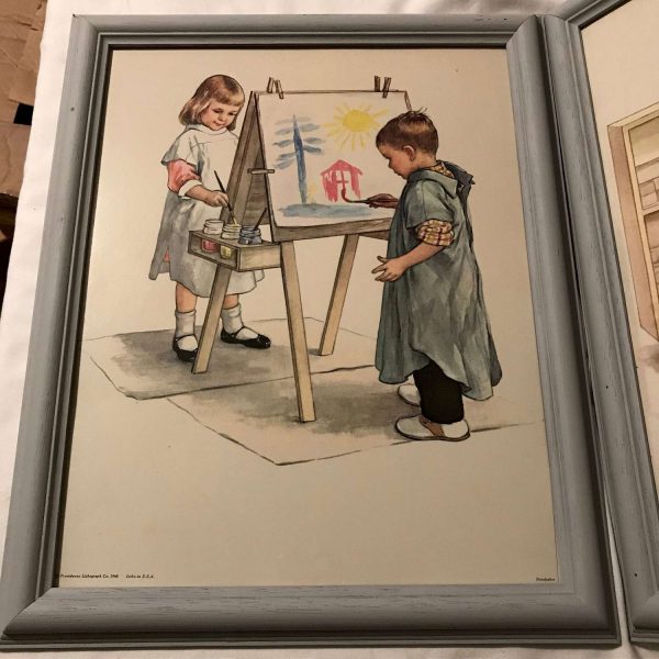 Vintage Pair of 1960 Lithographs Children at play Nursery Child's room bedroom bathroom craft play room framed artwork collectible display