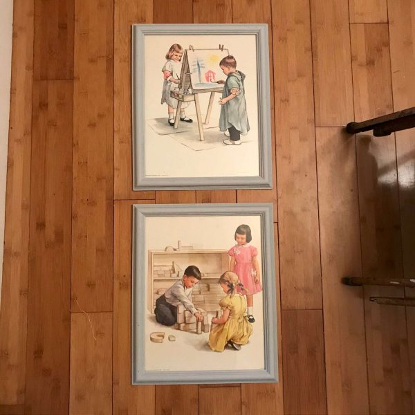 Vintage Pair of 1960 Lithographs Children at play Nursery Child's room bedroom bathroom craft play room framed artwork collectible display