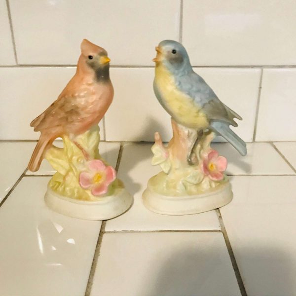 Vintage pair of Birds figurines pastels great detail mid century Japan fine bone china matte finish farmhouse collectible display cottage
