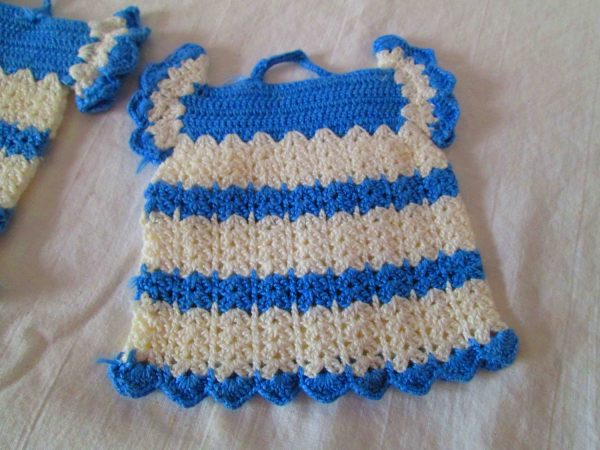 Vintage Pair of Kitchen Crochet Trivets or pot holder made to look like blouses blue and white stripes