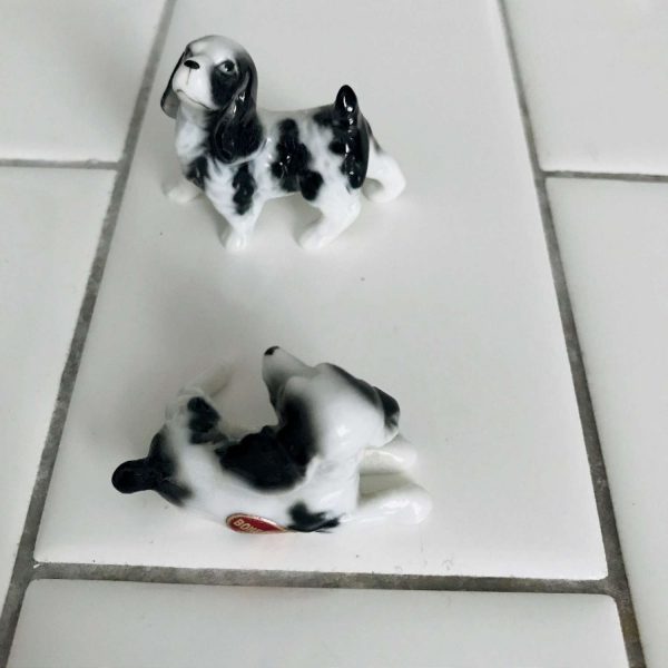 Vintage pair of Miniature Spring Spaniel Black and white dog figurines fine china Mid Century Japan original labels farmhouse collectible