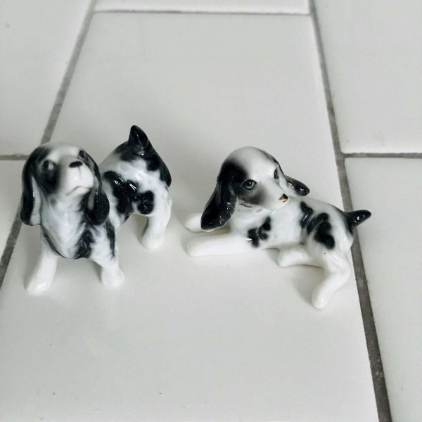 Vintage pair of Miniature Spring Spaniel Black and white dog figurines fine china Mid Century Japan original labels farmhouse collectible