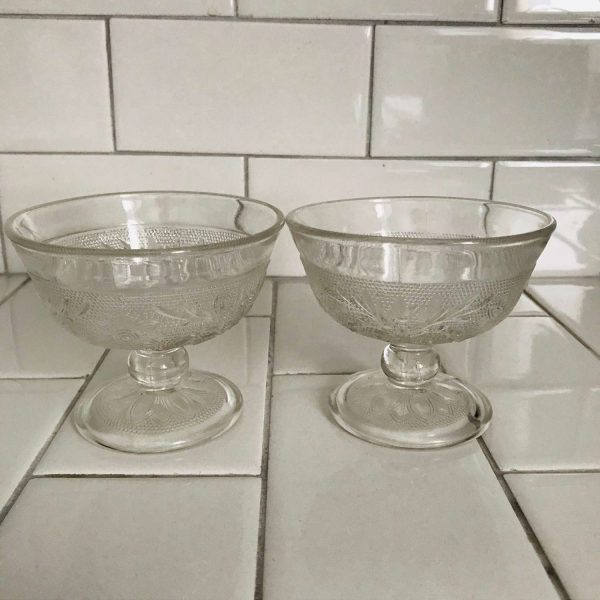 Vintage Pair Tiara glass pedestal dessert cups clear sandwich pattern Indiana Glass sherbet ice cream fruit farmhouse collectible display