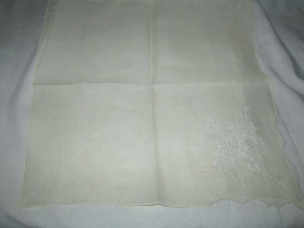 Vintage pale cotton yellow embroidered handkerchief hankie detailed trim edge cottage shabby chic collectible display hanky