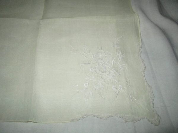 Vintage pale cotton yellow embroidered handkerchief hankie detailed trim edge cottage shabby chic collectible display hanky
