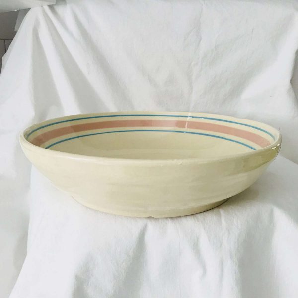 Vintage Pasta Salad Bowl Extra Large USA Pottery with pink and blue rings Oven Ware Serving Dining Serving Farmhouse display collectible