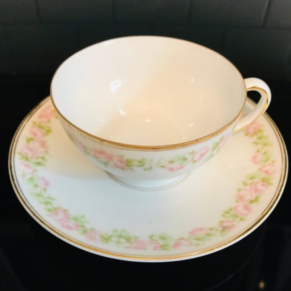 Vintage PE Bavaria Tea cup and saucer Dainty Pink Roses Green Leaves Fine bone china gold trim farmhouse collectible display dining serving