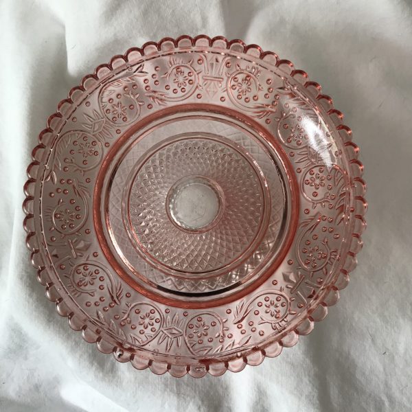 Vintage Pedestal Plate Depression Glass Pink raised pattern scalloped rim tortes cookies serving dining collectible dispplay farmhouse soaps