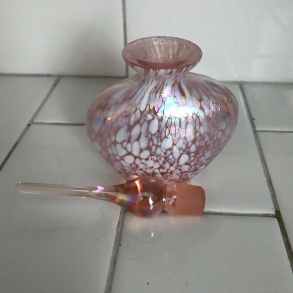 Vintage Perfume Bottle Austrian Art Glass pink with white tall ground glass stopper collectible display vanity bedroom